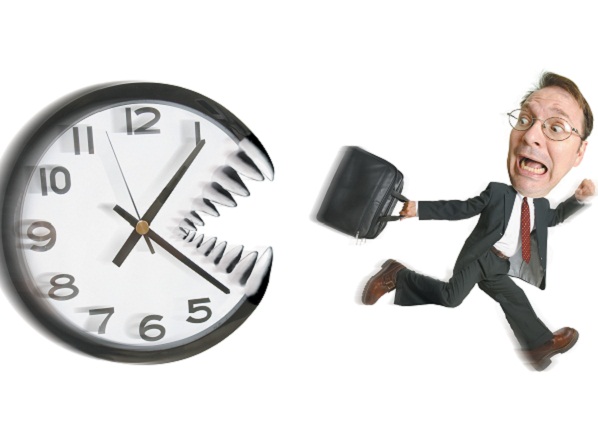 conceptual caricature of a caucasian business man in a suit as he runs away from a giant clock with big teeth
