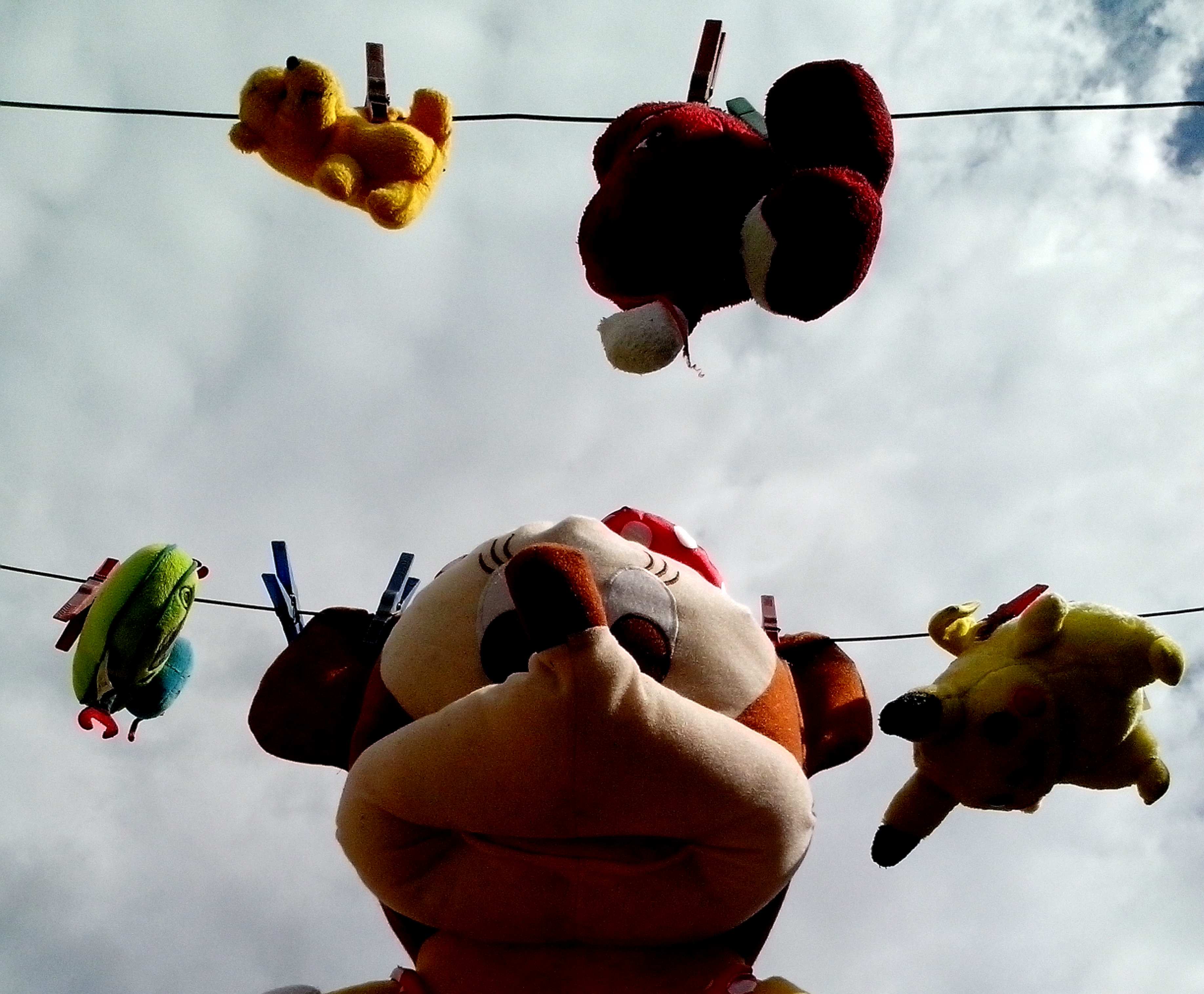 Stuffed toys for the children were dried on the wire after washi